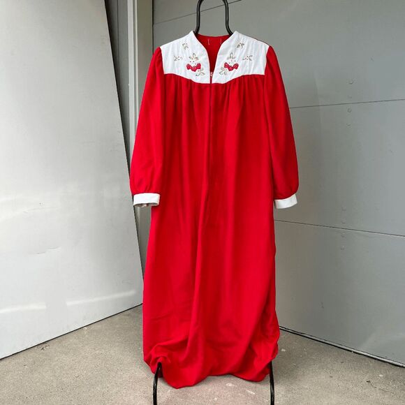 VTG 60s 70s Red Strawberry Embroidered Housecoat Zip Robe Cottagecore Mumu - Picture 7 of 9